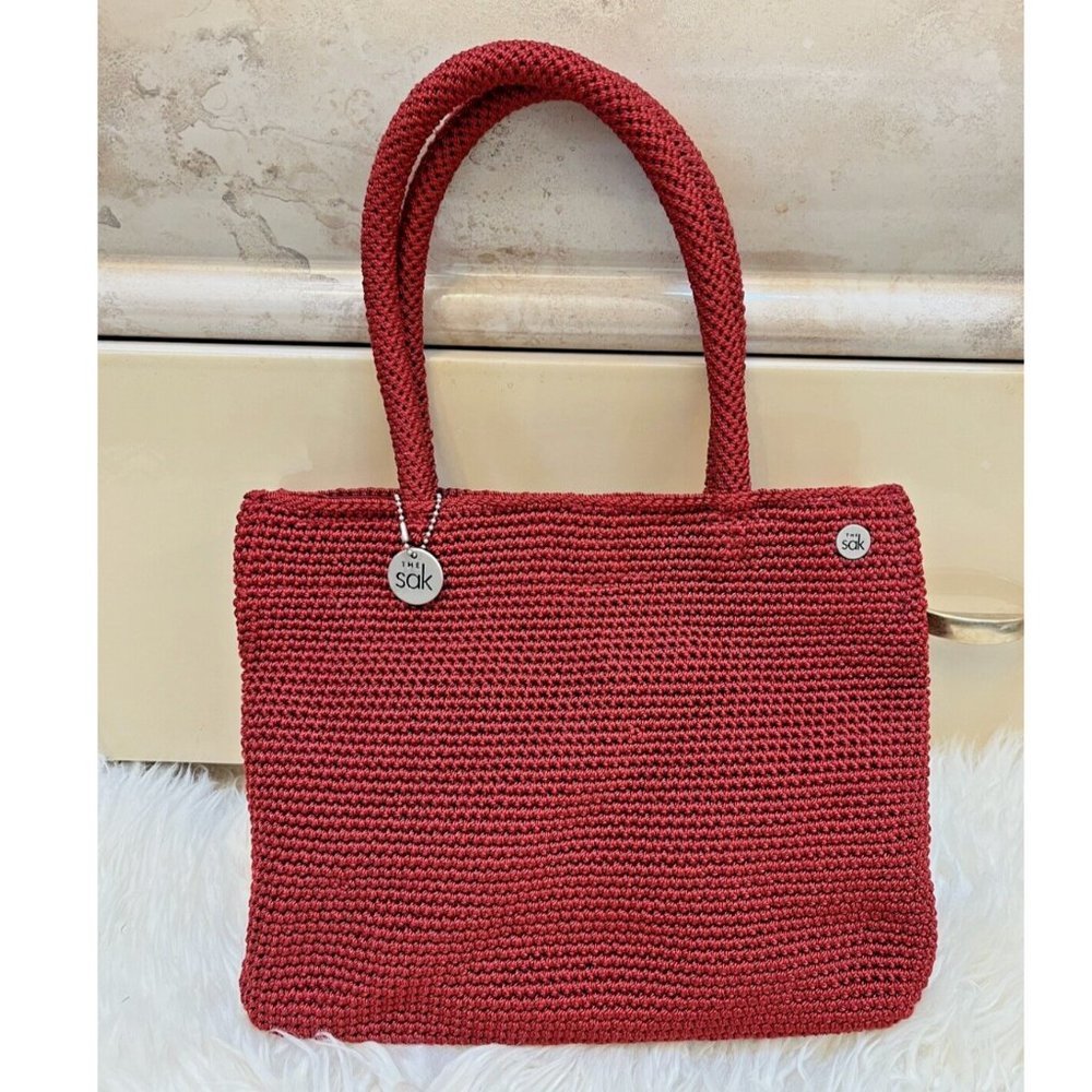 VINTAGE BOHO INDIE RUSTIC COTTAGE CORE THE SAK RED CROCHET HAND BAG TOTE PURSE - Picture 1 of 10